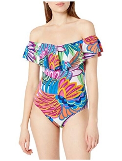 Women's Off-The-Shoulder Ruffle Bandeau One Piece Swimsuit