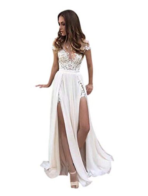 Sexy High Slit Side Summer Bridal Gown Lace Chiffon a Line Beach Wedding Dress