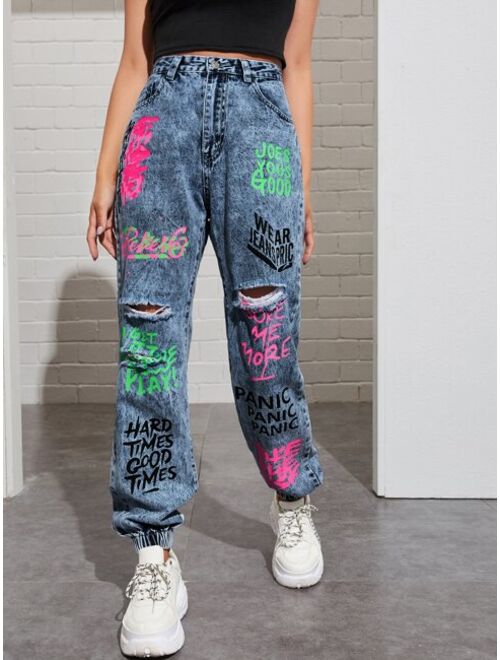 Buy Shein High Waisted Slogan Graphic Ripped Detail Jeans online ...