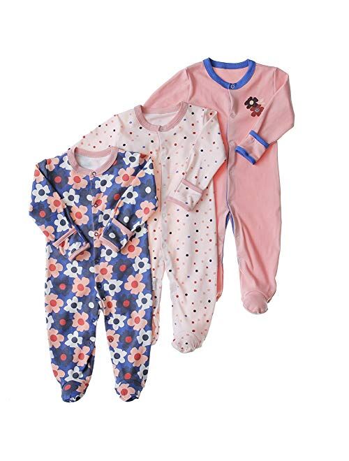 Baby Footed Pajamas with Mittens - 3 Pcs Infant Girls Boys Footie Onesies Sleeper Newborn Cotton Sleepwear Outfits