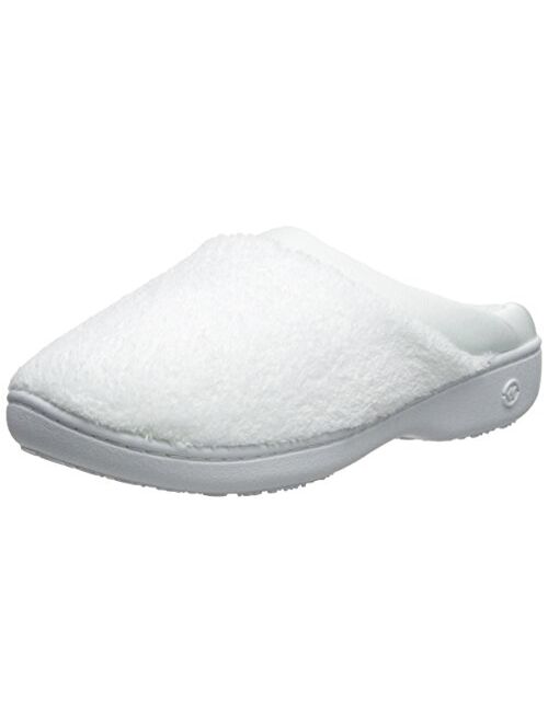 isotoner Women's Terry and Satin Slip On Cushioned Slipper with Memory Foam for Indoor/Outdoor Comfort