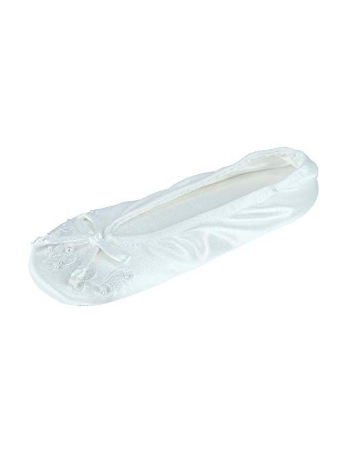 isotoner Women's Satin Ballerina Slippers with Embroidered Pearl