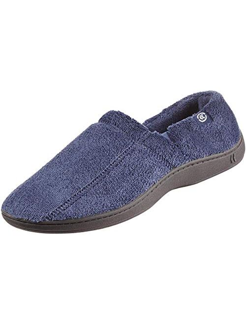 isotoner Men's Terry Moccasin Slipper with Memory Foam for Indoor/Outdoor Comfort and Arch Support