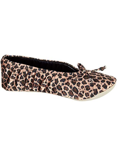 isotoner Women's Satin Ballerina Slipper Cheetah Large 8-9 White