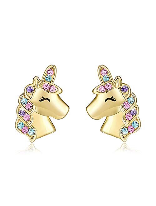 UNGENT THEM Silver Unicorn Stud Earrings for Little Girls Hypoallergenic CZ Unicorn Lovely Gifts for Daughter Birthday Party