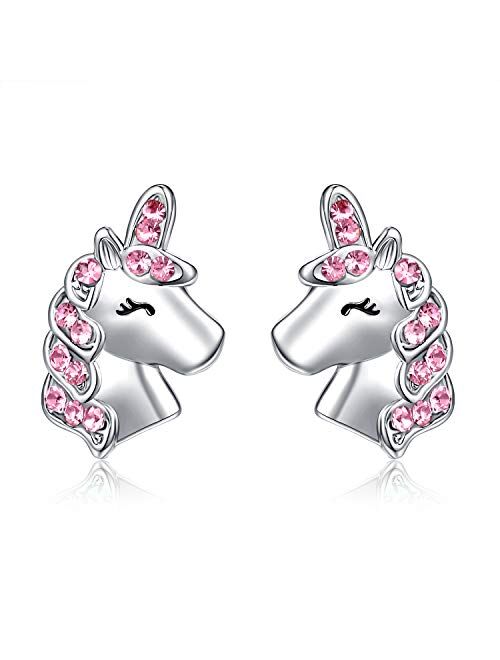 UNGENT THEM Silver Unicorn Stud Earrings for Little Girls Hypoallergenic CZ Unicorn Lovely Gifts for Daughter Birthday Party