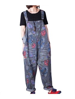 Beaurex Women Demin Bib Overalls Cropped Loose Baggy Denim Wide Leg Jumpsuit Rompers