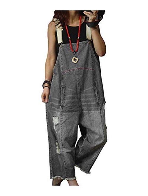 Beaurex Women Demin Bib Overalls Cropped Loose Baggy Denim Wide Leg Jumpsuit Rompers