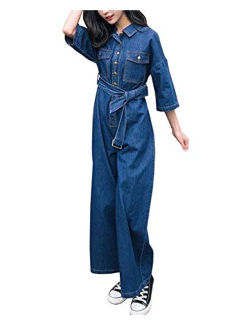 Youndcc Women Denim One Piece Jean Jumpsuit Long Sleeve Romper Long Pants Overalls Belt Tie