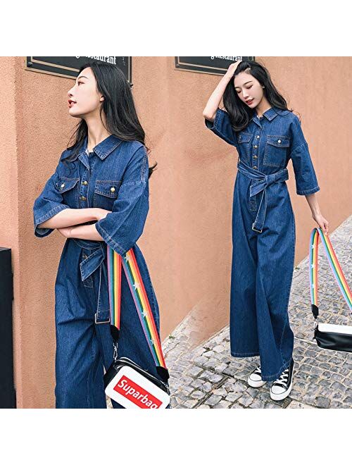 Youndcc Women Denim One Piece Jean Jumpsuit Long Sleeve Romper Long Pants Overalls Belt Tie