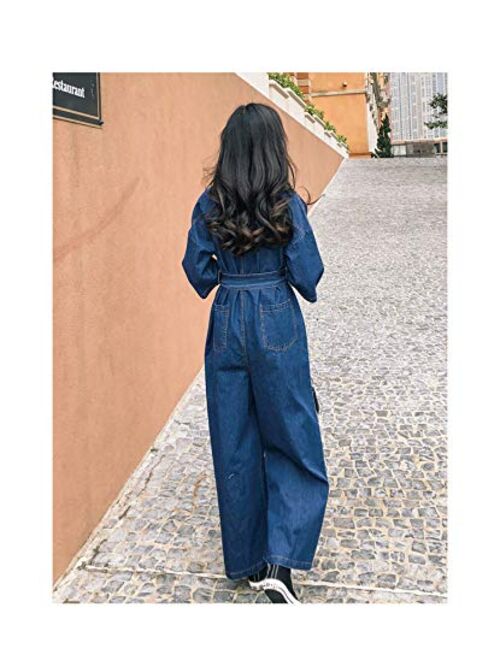 Youndcc Women Denim One Piece Jean Jumpsuit Long Sleeve Romper Long Pants Overalls Belt Tie