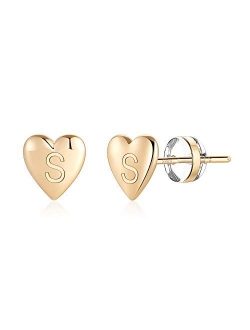 Heart Initial Stud Earrings for Girls - S925 Sterling Silver Post 14K Gold Plated Dainty Letter Earrings Hypoallergenic Little Initial Earrings for Women Girls Kids Sensi