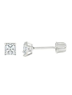 14K Gold Square Solitaire Princess Cut Cubic Zirconia CZ Stud Screw Back Earrings in Yellow OR White (Various Sizes)