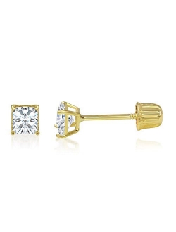 14K Gold Square Solitaire Princess Cut Cubic Zirconia CZ Stud Screw Back Earrings in Yellow OR White (Various Sizes)