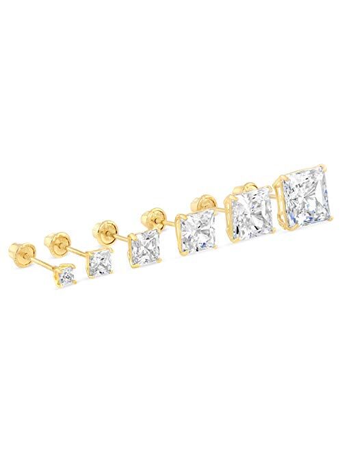 14K Gold Square Solitaire Princess Cut Cubic Zirconia CZ Stud Screw Back Earrings in Yellow OR White (Various Sizes)