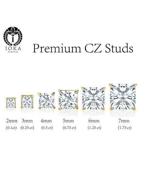 14K Gold Square Solitaire Princess Cut Cubic Zirconia CZ Stud Screw Back Earrings in Yellow OR White (Various Sizes)