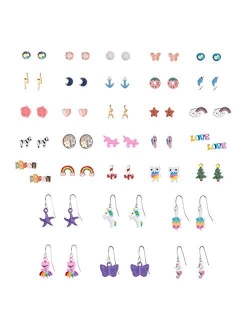 9/24/30/45 Pairs Cute Girls Stainless Steel Stud Earring Sets, Unicorn earrings for Kids, Colorful Multiple Stud Earrings