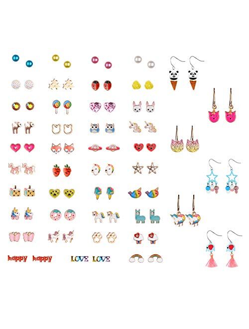 9/24/30/45 Pairs Cute Girls Stainless Steel Stud Earring Sets, Unicorn earrings for Kids, Colorful Multiple Stud Earrings