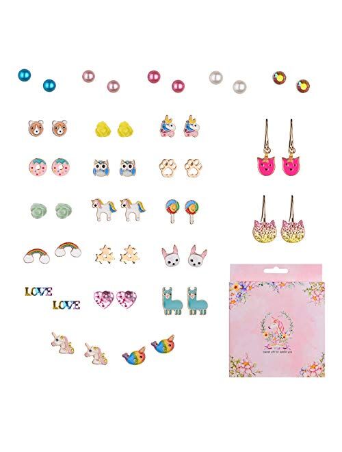 9/24/30/45 Pairs Cute Girls Stainless Steel Stud Earring Sets, Unicorn earrings for Kids, Colorful Multiple Stud Earrings