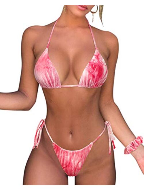 SUUKSESS Women String Bikini Set Tie Side Thong Sexy Swimsuits with matching scrunchie