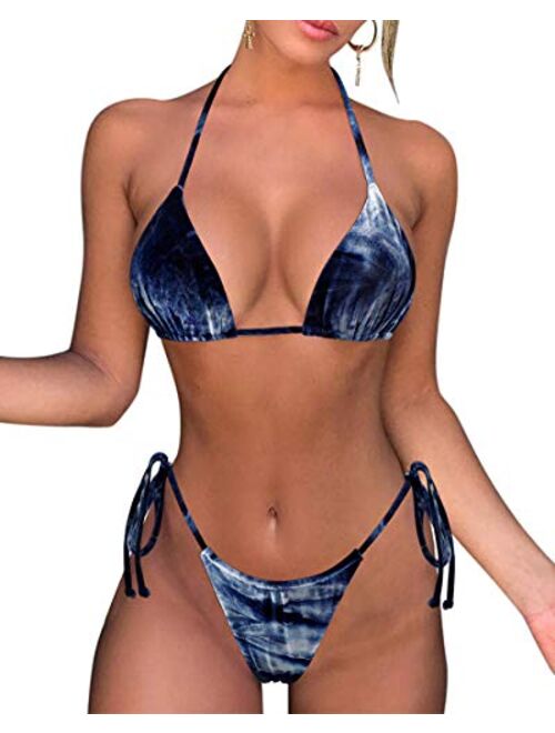 SUUKSESS Women String Bikini Set Tie Side Thong Sexy Swimsuits with matching scrunchie