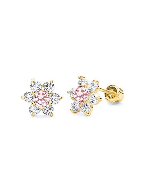 14k Yellow Gold Flower Stud Earrings with Screw Back - 12 Different Color Available