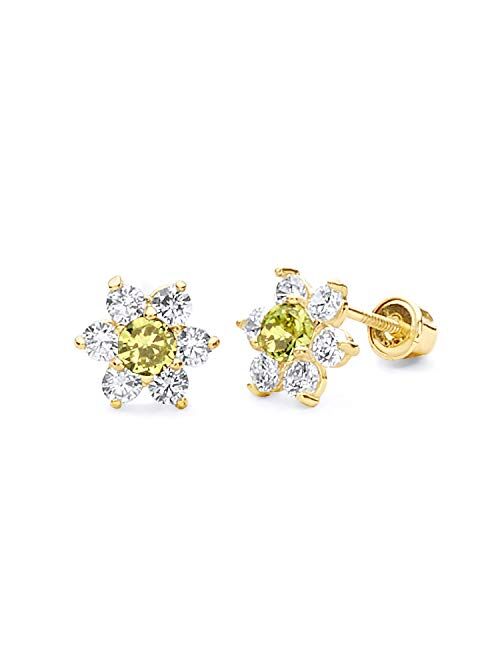 14k Yellow Gold Flower Stud Earrings with Screw Back - 12 Different Color Available