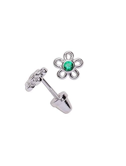 Girls' Sterling Silver CZ Simulated Birthstone Daisy Earrings with Screw Back (6mm)