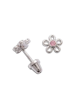 Girls' Sterling Silver CZ Simulated Birthstone Daisy Earrings with Screw Back (6mm)