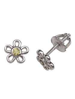 Girls' Sterling Silver CZ Simulated Birthstone Daisy Earrings with Screw Back (6mm)