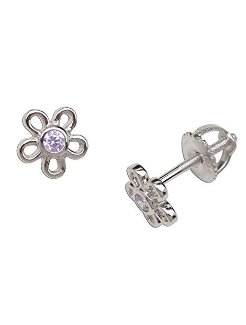 Girls' Sterling Silver CZ Simulated Birthstone Daisy Earrings with Screw Back (6mm)