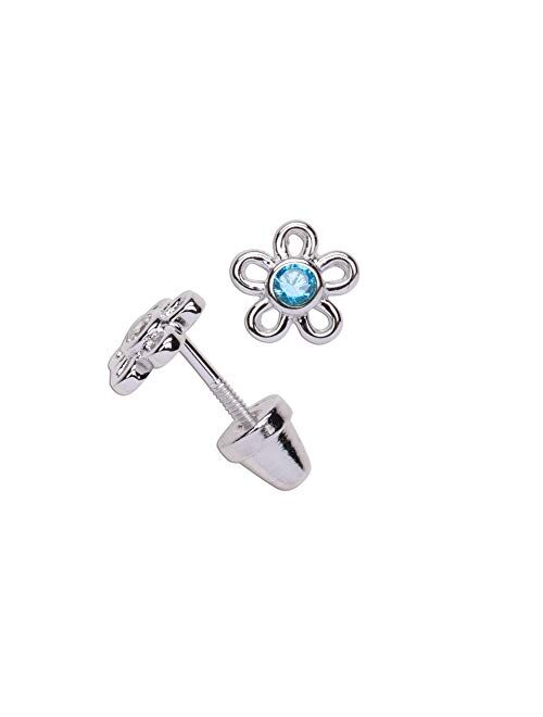 Girls' Sterling Silver CZ Simulated Birthstone Daisy Earrings with Screw Back (6mm)