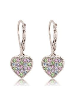 925 Sterling Silver with a White Gold Tone Mixed Colored Crystal Heart Leverback Children's Earrings