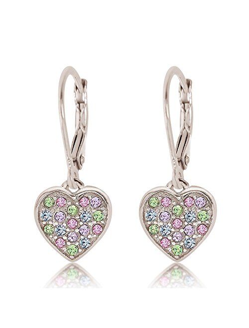 925 Sterling Silver with a White Gold Tone Mixed Colored Crystal Heart Leverback Children's Earrings