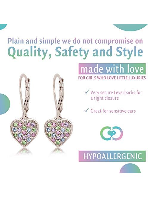 925 Sterling Silver with a White Gold Tone Mixed Colored Crystal Heart Leverback Children's Earrings