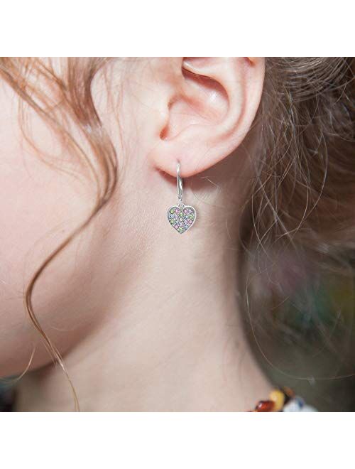 925 Sterling Silver with a White Gold Tone Mixed Colored Crystal Heart Leverback Children's Earrings