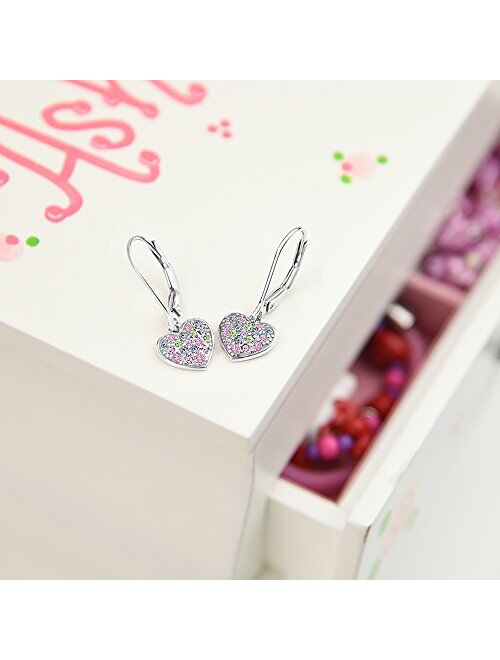 925 Sterling Silver with a White Gold Tone Mixed Colored Crystal Heart Leverback Children's Earrings