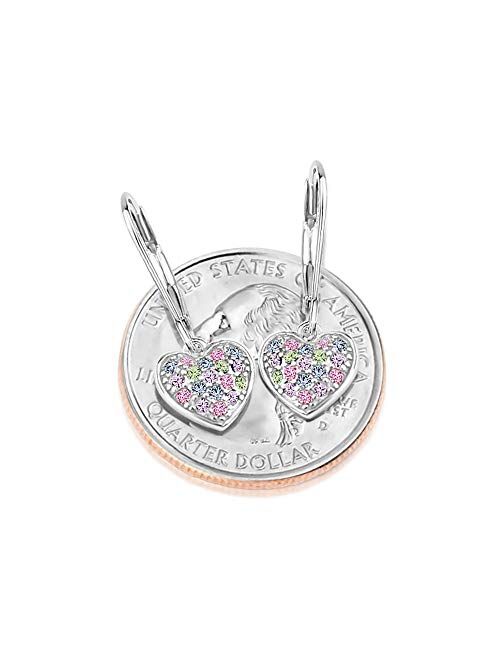 925 Sterling Silver with a White Gold Tone Mixed Colored Crystal Heart Leverback Children's Earrings