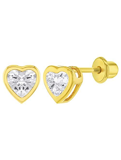 18k Gold Plated CZ Heart Bezel Screw Back Toddler Girls Kids Earrings 5mm