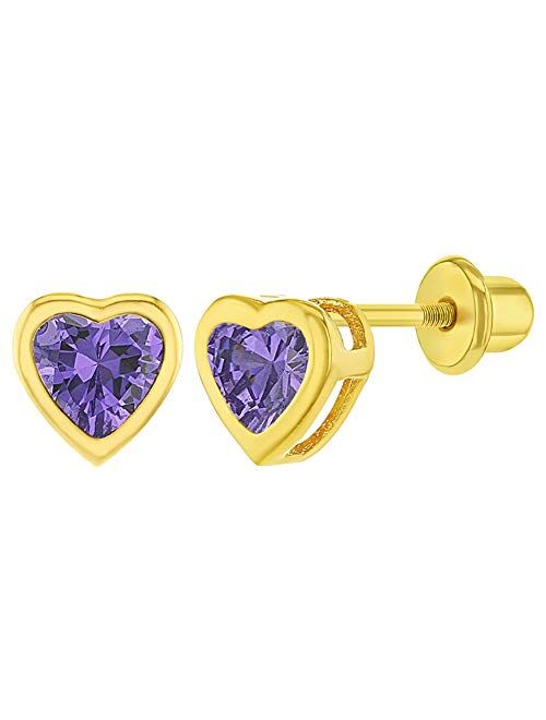 18k Gold Plated CZ Heart Bezel Screw Back Toddler Girls Kids Earrings 5mm