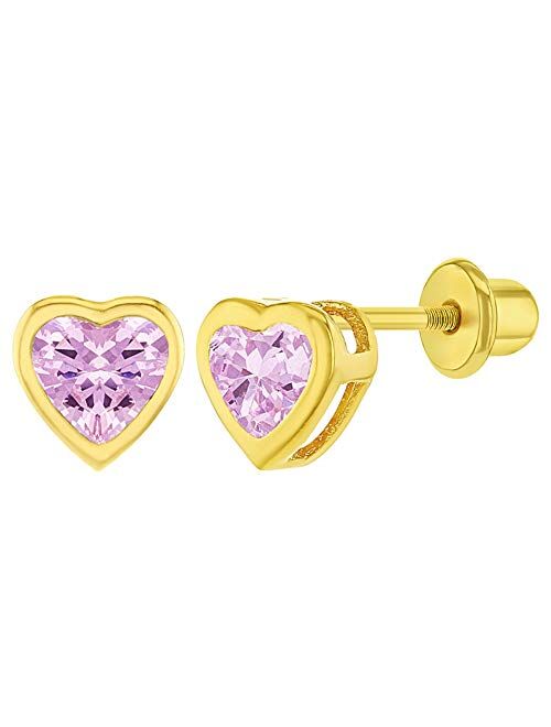 18k Gold Plated CZ Heart Bezel Screw Back Toddler Girls Kids Earrings 5mm