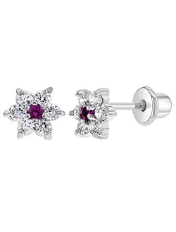 Rhodium Plated Small 5mm Girls Crystal Flower CZ Safety Screw Back Earrings for Toddlers & Kids