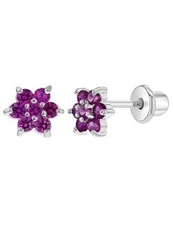 Rhodium Plated Small 5mm Girls Crystal Flower CZ Safety Screw Back Earrings for Toddlers & Kids