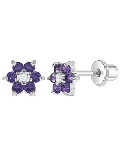 Rhodium Plated Small 5mm Girls Crystal Flower CZ Safety Screw Back Earrings for Toddlers & Kids