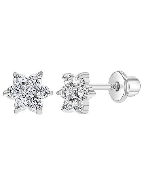 Rhodium Plated Small 5mm Girls Crystal Flower CZ Safety Screw Back Earrings for Toddlers & Kids