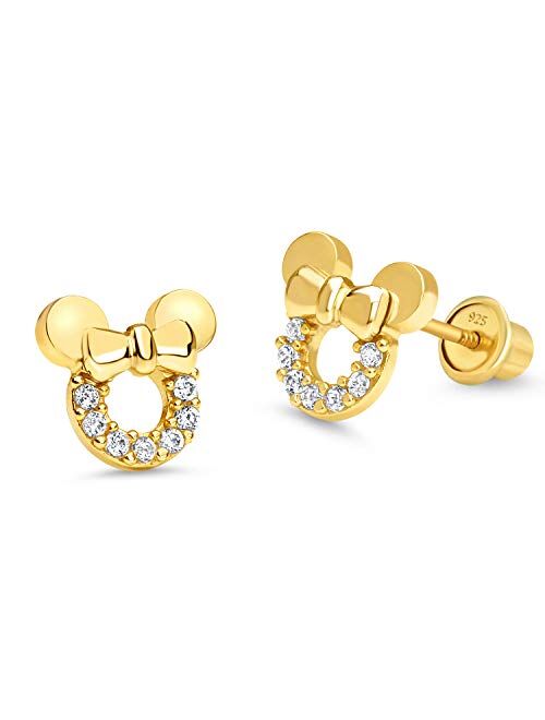 Lovearing 14k Gold Plated Brass Mouse Cubic Zirconia Screwback Baby Girls Earrings with Sterling Silver Post