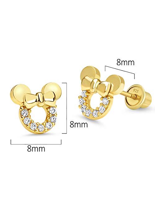 Lovearing 14k Gold Plated Brass Mouse Cubic Zirconia Screwback Baby Girls Earrings with Sterling Silver Post