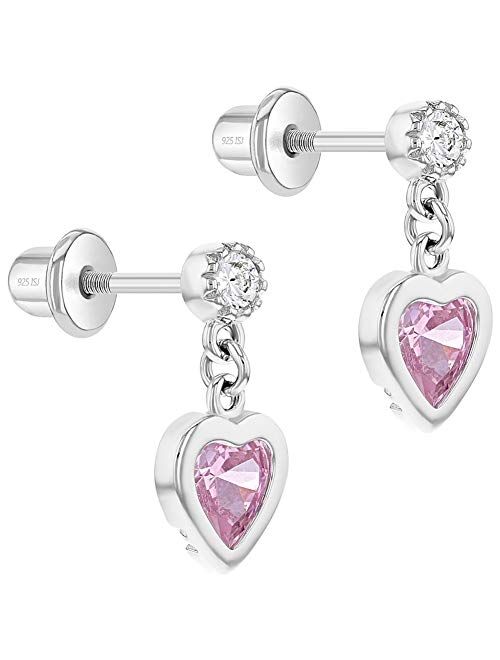 925 Sterling Silver Pink Cubic Zirconia Girl's Dangle Heart Screw Back Earrings, Screw back Locking for Toddlers & Young Girls Daily and Party Wear