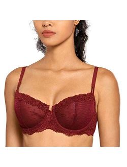 DOBREVA Women's Sexy Lace Unlined Underwire Balconette See Through Sheer Bra