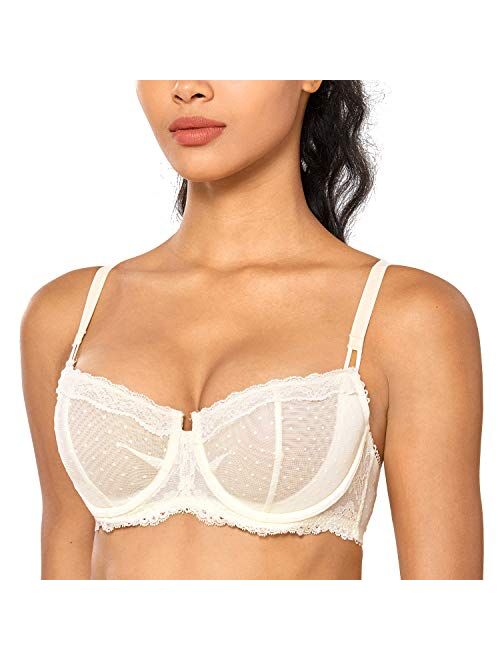 DOBREVA Women's Sexy Lace Unlined Underwire Balconette See Through Sheer Bra